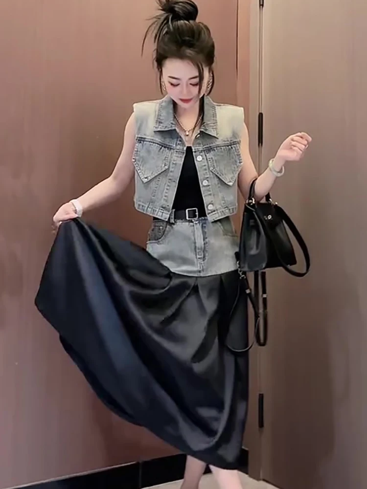 

2025 Design Sense Fashion Cowboy Set Skirt Women's Summer Versatile Short Vest Half Body Skirt Splicing Two Piece Set