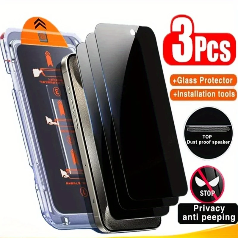 3pcs 9H Anti-Spy Privacy Tempered Glass for Iphone 18 Pro Max/17 Pro Max/16/15/14/13/12/11 - Auto Alignment Installation Frame