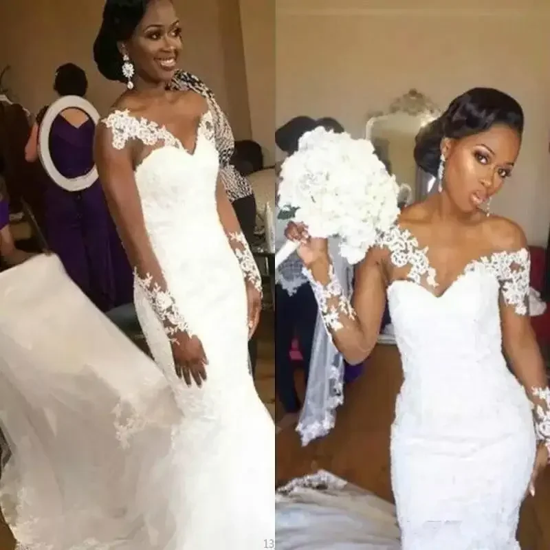 

Customized Mermaid African Sheer Neck Wedding Dresses With Illusion Long Sleeves Lace Applique Tulle Bridal Gowns Arabic Dubai F