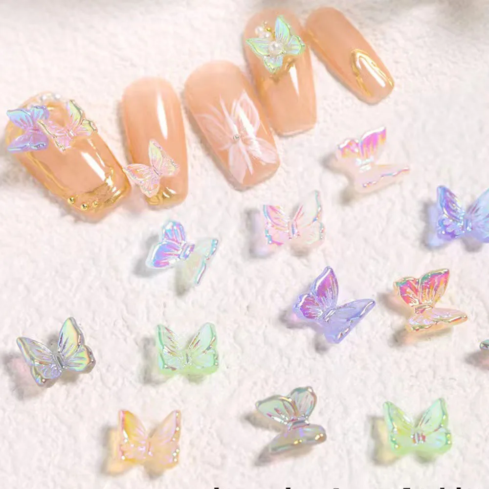 50 pçs aurora multicolorido borboleta arte do prego encantos 3d resina cristal strass decorações de unhas diy ornamentos acessórios para unhas