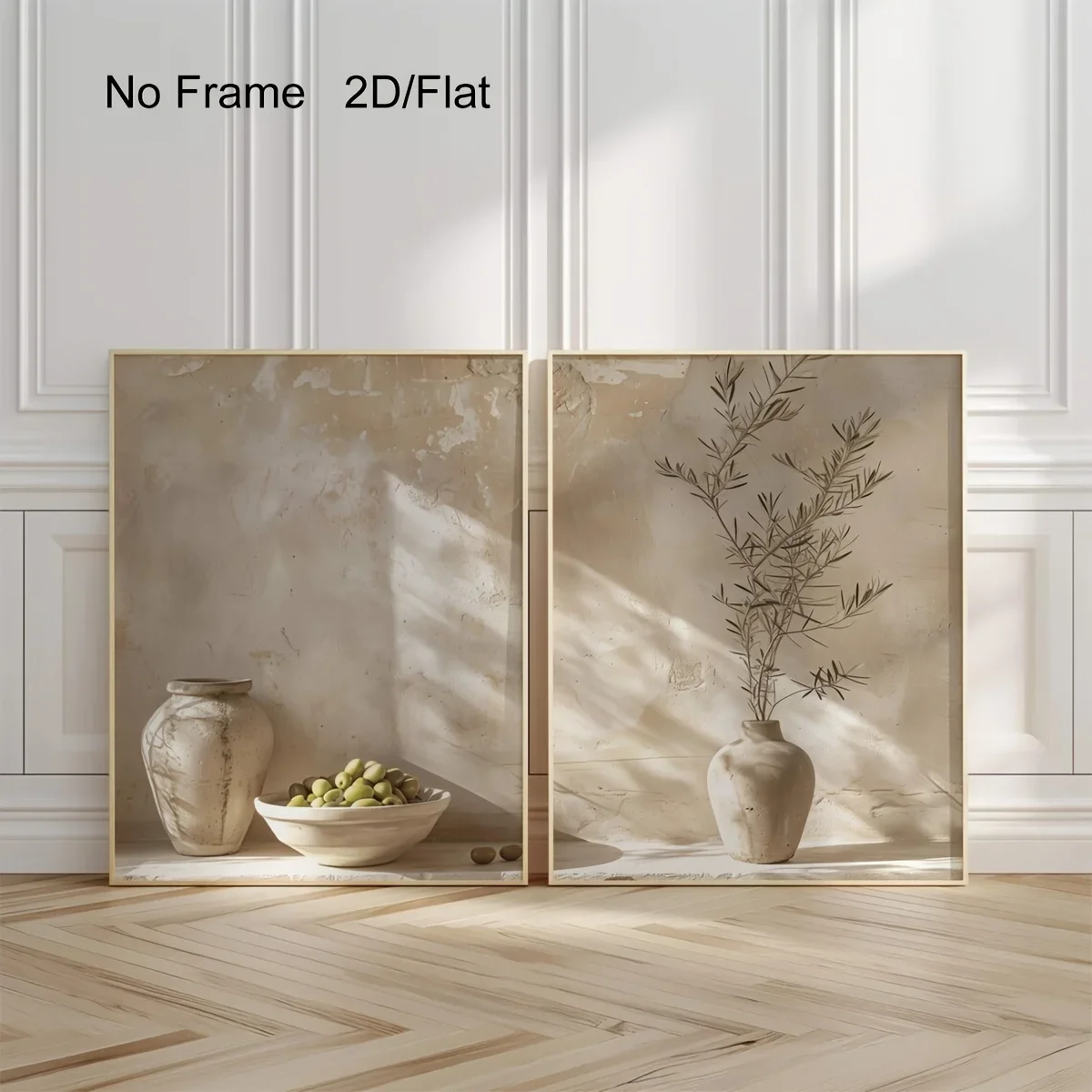 2pcs frameless Canvas Painting 2pcs/set Beige Country Vase & Olive Branch Canvas Poster Olive Still Life Mediterranean Wall Art