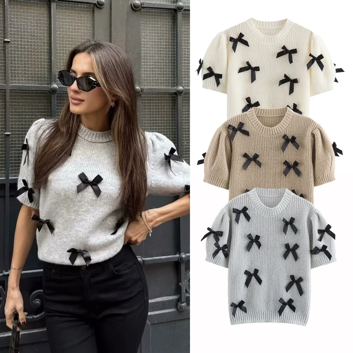 Summer New Women's Clothing Knitted T Shirt Fashionable Casual Versatile Simple Bow Decoration Short Sleeved Knitted T Shirt