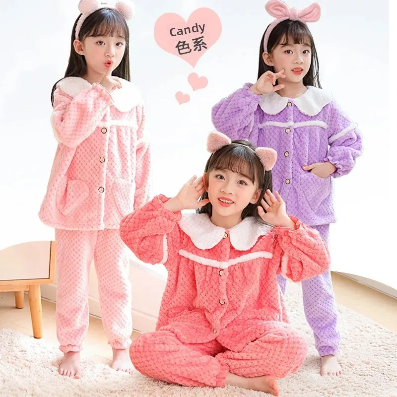 Children's Flannel Sleepwear Sets Winter Warm Home Clothes Suit Girls Boys Coral Fleece Outfits Baby Kid Autumn Pyjamas Ensemble