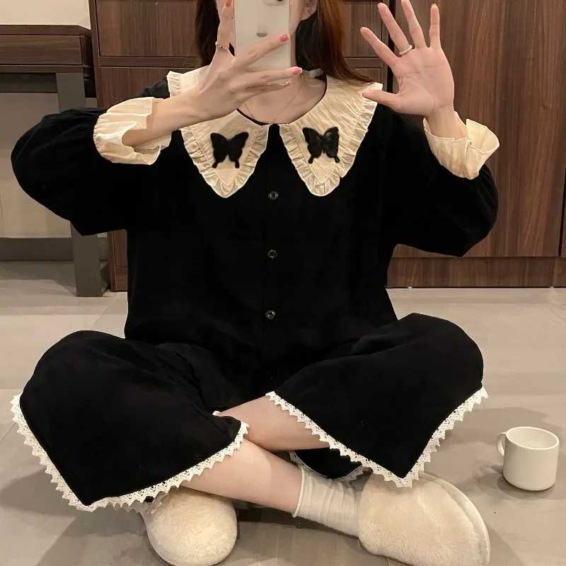 Casual Spring Autumn Summer Black Home Dress Pants Set Can Worn Outside Sleepwear Simple Butterfly Long Sleeve Pajamas Women