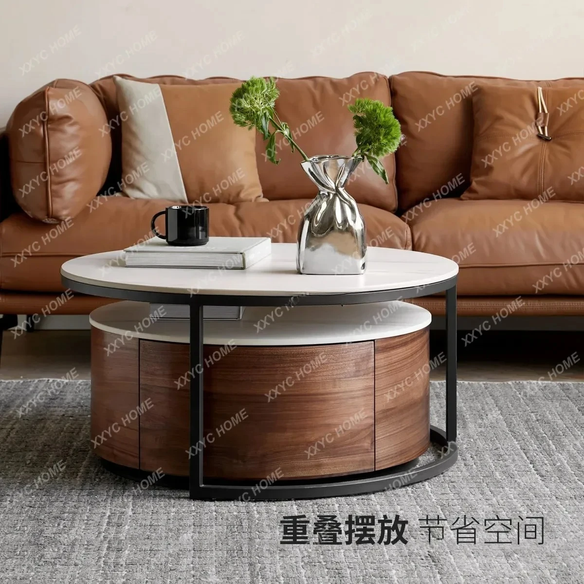 

A Solid wood light luxury small apartment round tea table black walnut simple rock slab tea table