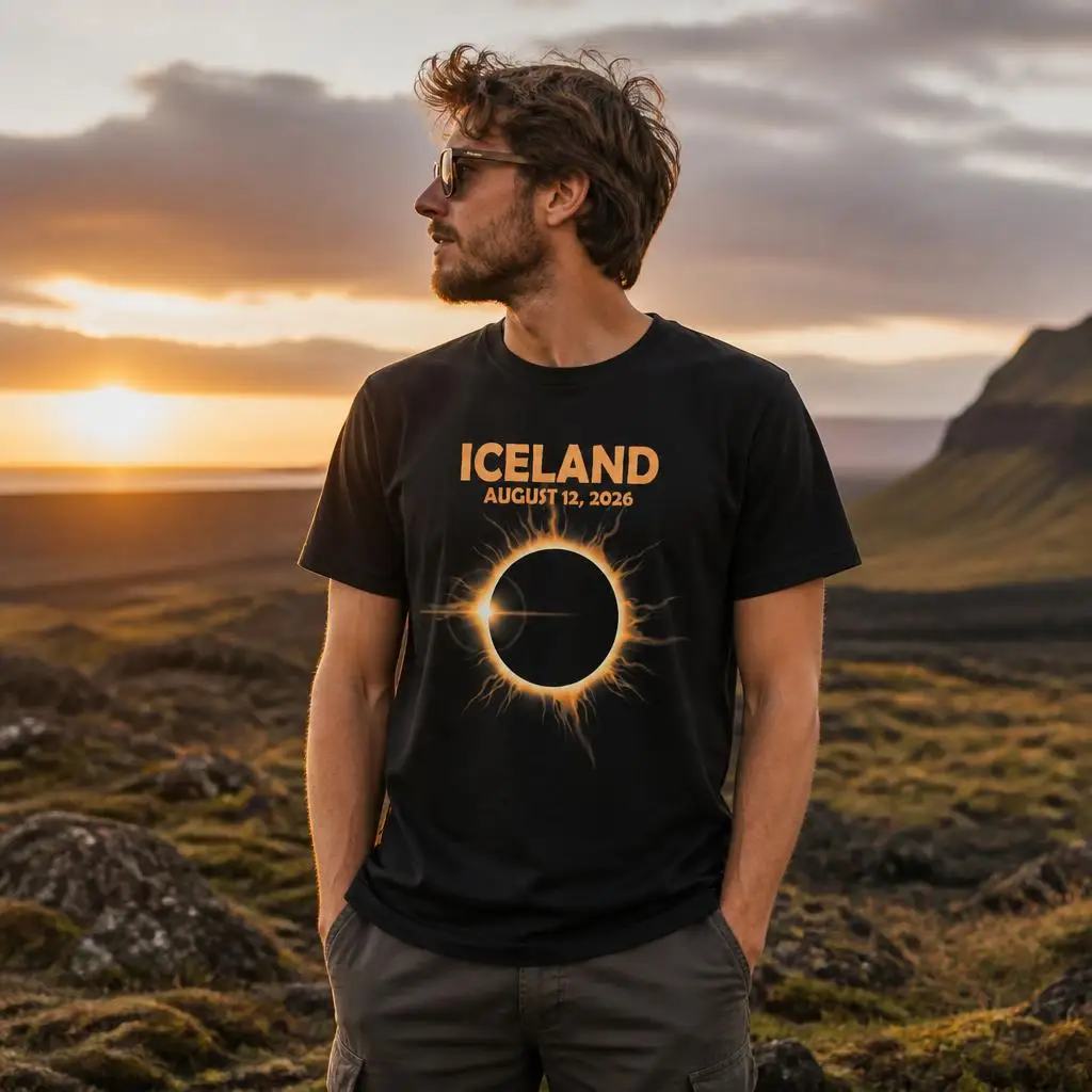 Iceland Total Solar Eclipse 2026 Celestial Eclipse Men T Shirt 100% Cotton Clothing Fun Short Sleeve Tee Gift T-Shirts