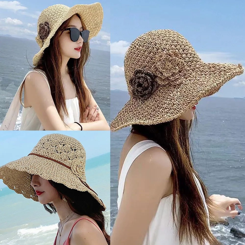 Elegant Straw Hats New Ruffle Detail UV Protection Sun Visor Hat Hand-Woven Foldable Beach Hat Womens