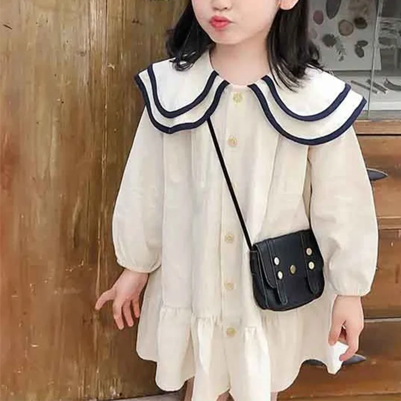 Children's Academy Dress Contrast Color Ruffled Neck Patchwork Button Long Sleeve Solid Color Spring Autumn Girls for Dresses