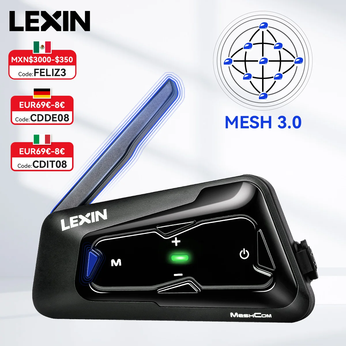 LEXIN-MeshCom Motorcycle MESH&Bluetooth Headset Intercom ,With Mesh Communication System, Parallel Audio- Intercom,24 Riders