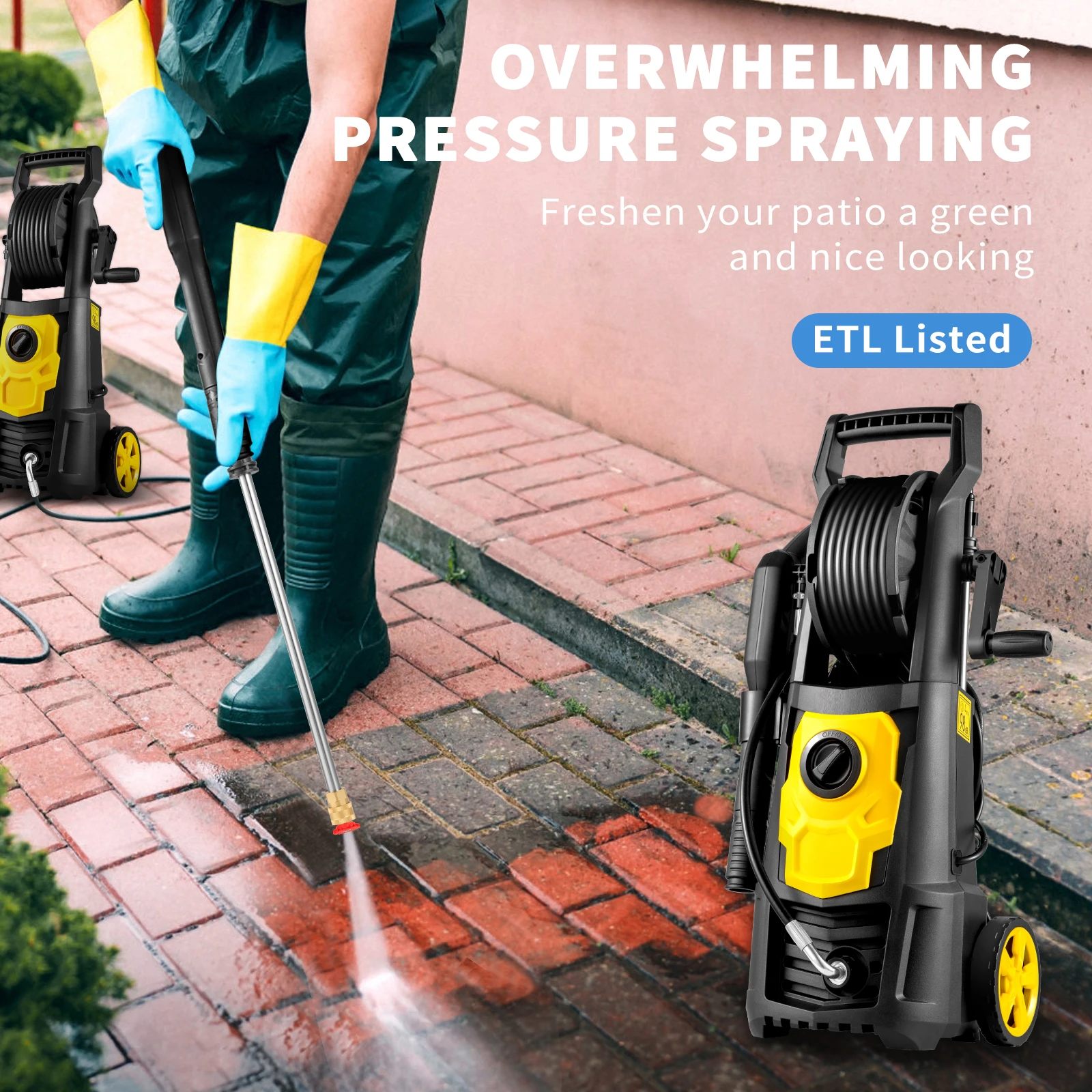 VEVOR Electric Pressure Washer Power Washer Quick Connect Nozzles Foam Cannon Retractable Handle for Portable to Clean Patios