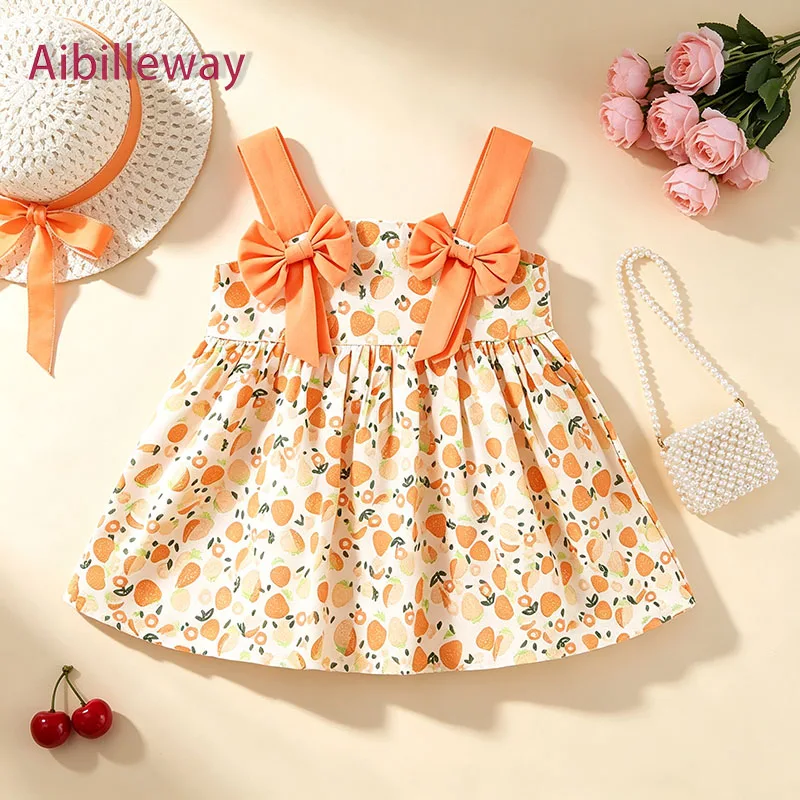 2Pcs/set Children Summer Sweet Strawberry Print Dress Baby Girls Orange Big Bow Straps Smocked Vacation Outfit Toddler Clothes