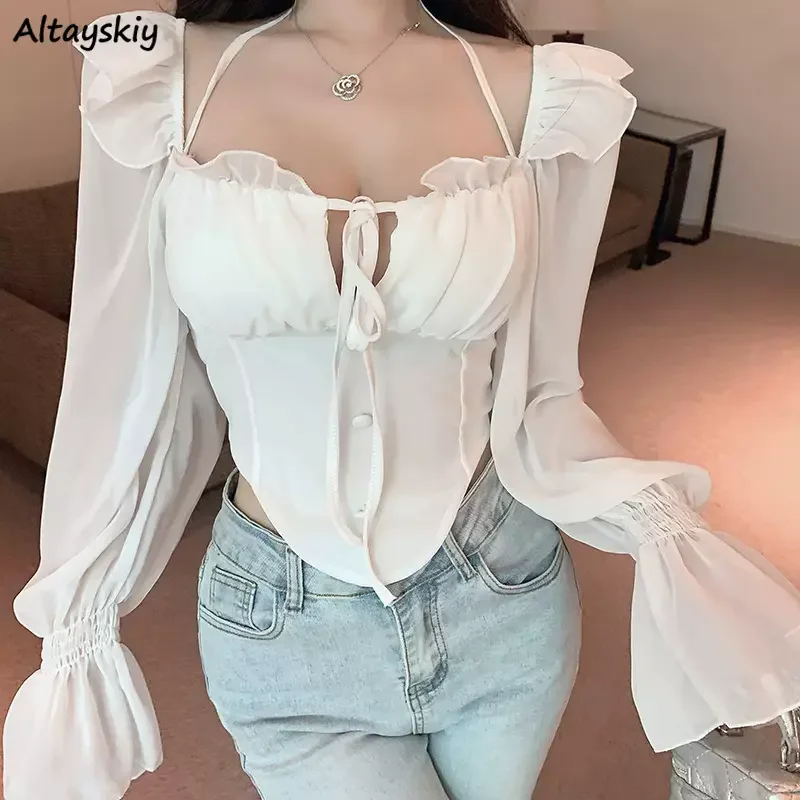 Blouses Women Bow Ruffle Summer Long Sleeve Chiffon Tops French Style Elegant Charming Hotsweet Design Crop Tender Sunscreen