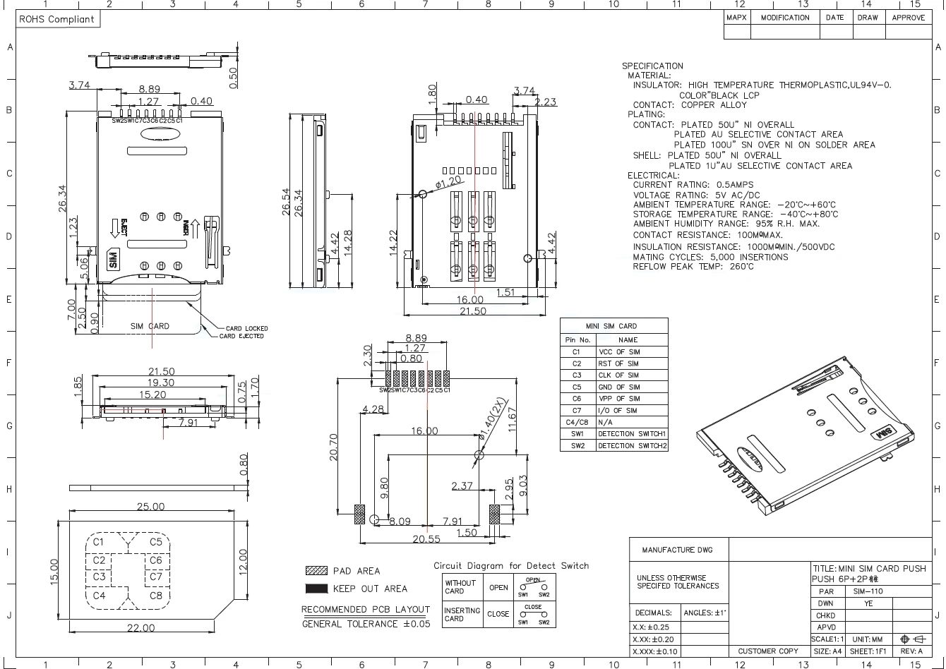 5 шт./Sim-110 Мини-держатель для SIM-карты, самовыскакивающийся