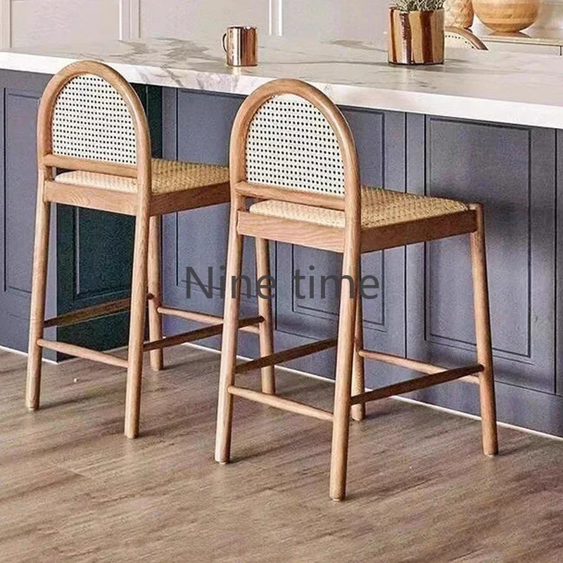Solid Wood Rattan Kitchen Bar Chair Armchair Design Salon Chairs High Stools Beauty Counter Cafe Home Muebles Para Bar Furniture - view 3