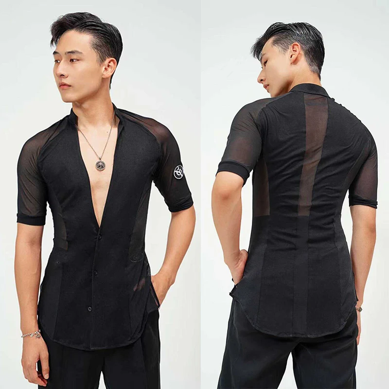 

Adult Male Salsa Ballroom Dance Practice Competition Wear Men Latin Dance Clothes Black Short Sleeves Tops V Neck Shirts
