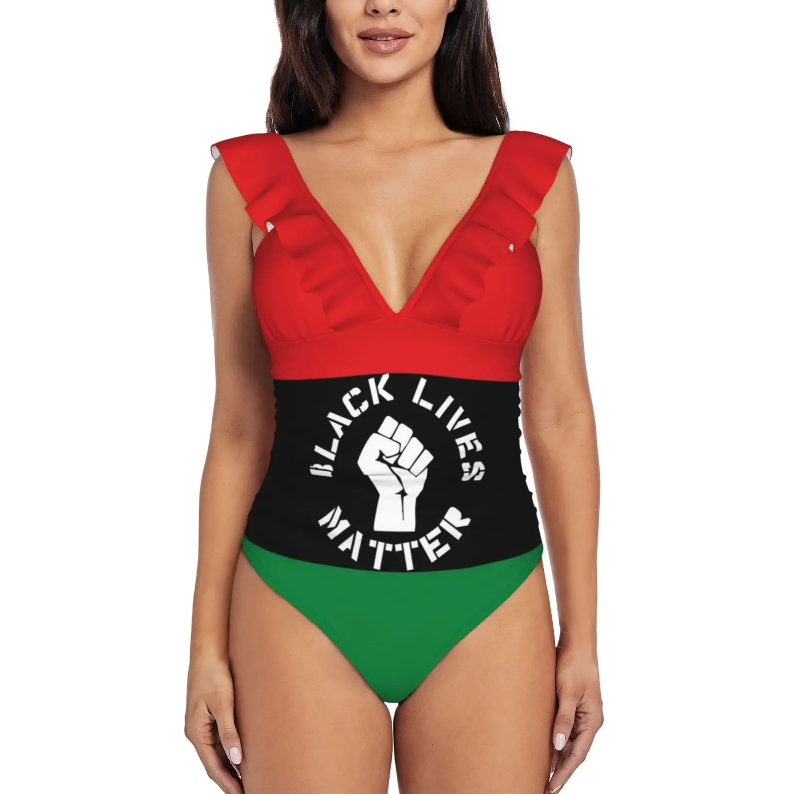 Black Lives Matter Fist , Unia Flag , Pan-African , Black Ruffle Swimwear Women One Piece Swimsuit Monokini Push Up Bathing