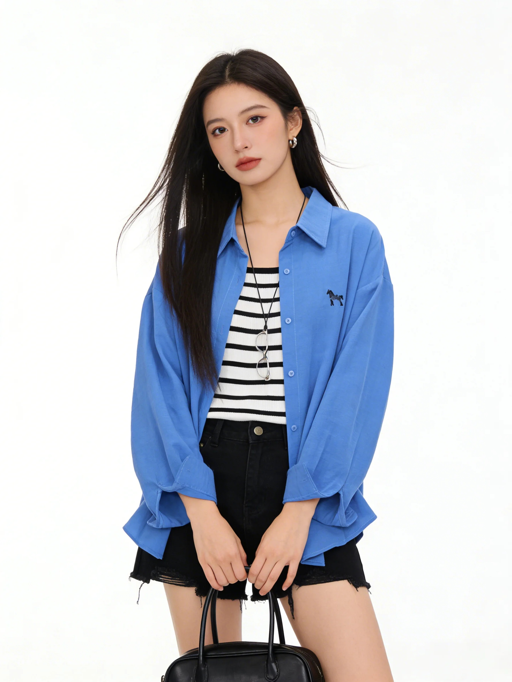 

Blue irt And Stripe Vest Two-Piece Set Commute Versatile mat Sle Embroidery Design Casual Faion Women's Ensemble