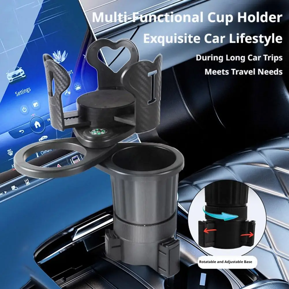 3 In 1 Car Cup Holder Center Console Expander 360 Rotating Multi Functional Beverage Rack Built In Navigation Compass ABS