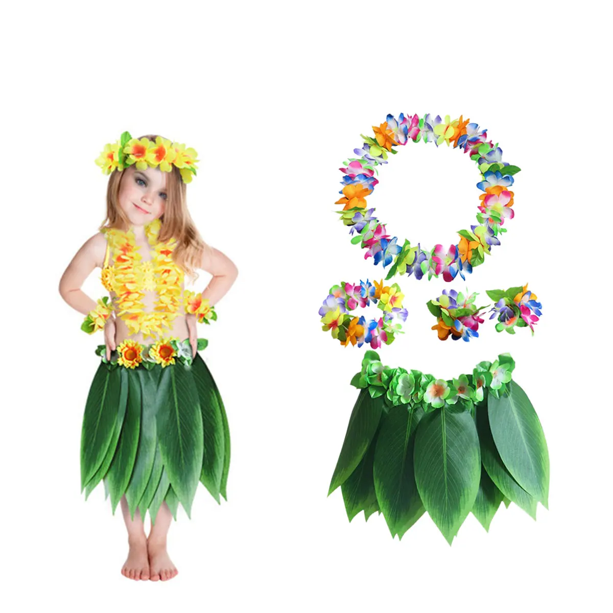 

5Pcs Hawaii Grass Skirt Set Colorful Dance Tropical Flower Neck Wreath Bracelets Headb Event Wedding Party Luau