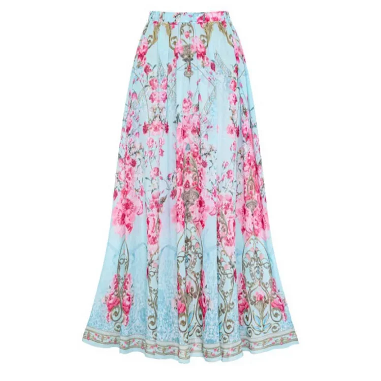 2024 Women Vacation Beachwear Luxury Bathing Suit Ruffled Blue Blooming Flowers Print One Piece Swimsuit and Skirt