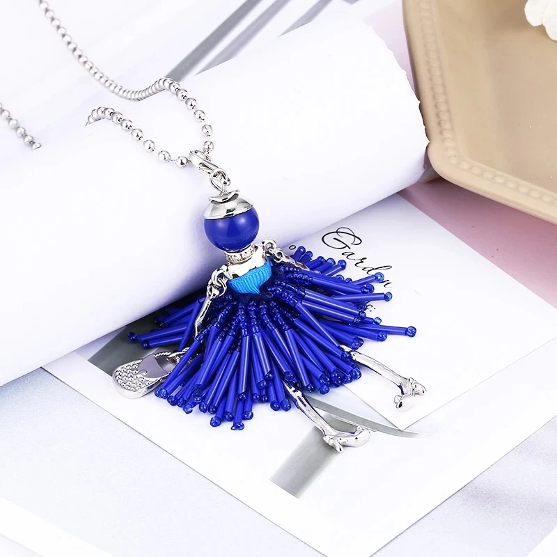 Lovely Rhinestone Dress Doll Pendant Necklace Long Chain Baby Girls Big Choker Necklaces For Women Maxi Jewelry Collier Femme