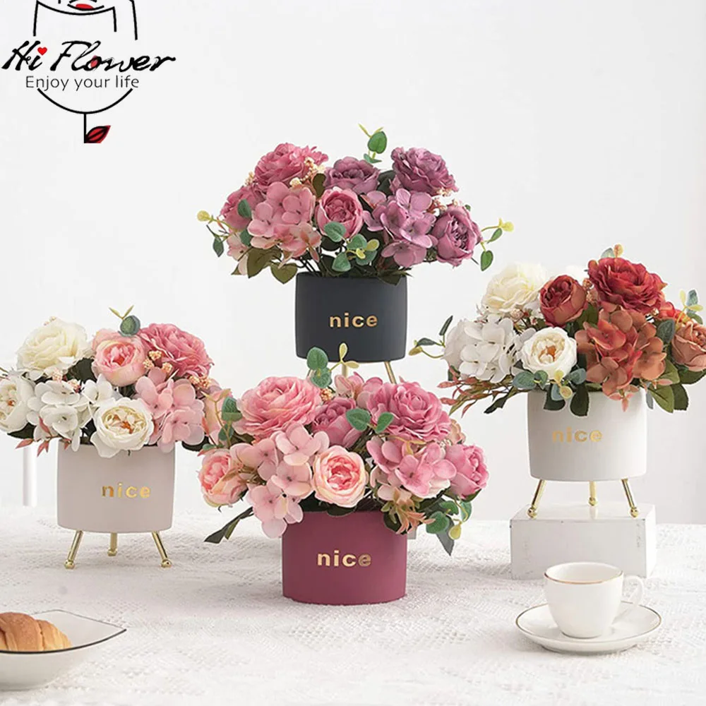 

Artificial Flower 6 Head Hydrangea Peony Retro Nordic Style Wedding Bridal Bouquets Realistic Silk Flowers for Home Decoration