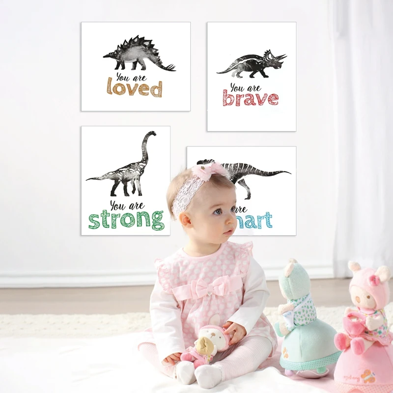 4Pcs Dinosaur Wall Art For Little Boys Room, Baby Nursery Posters, Motivational Kids Playroom Dino Decor, Toddler T-Rex