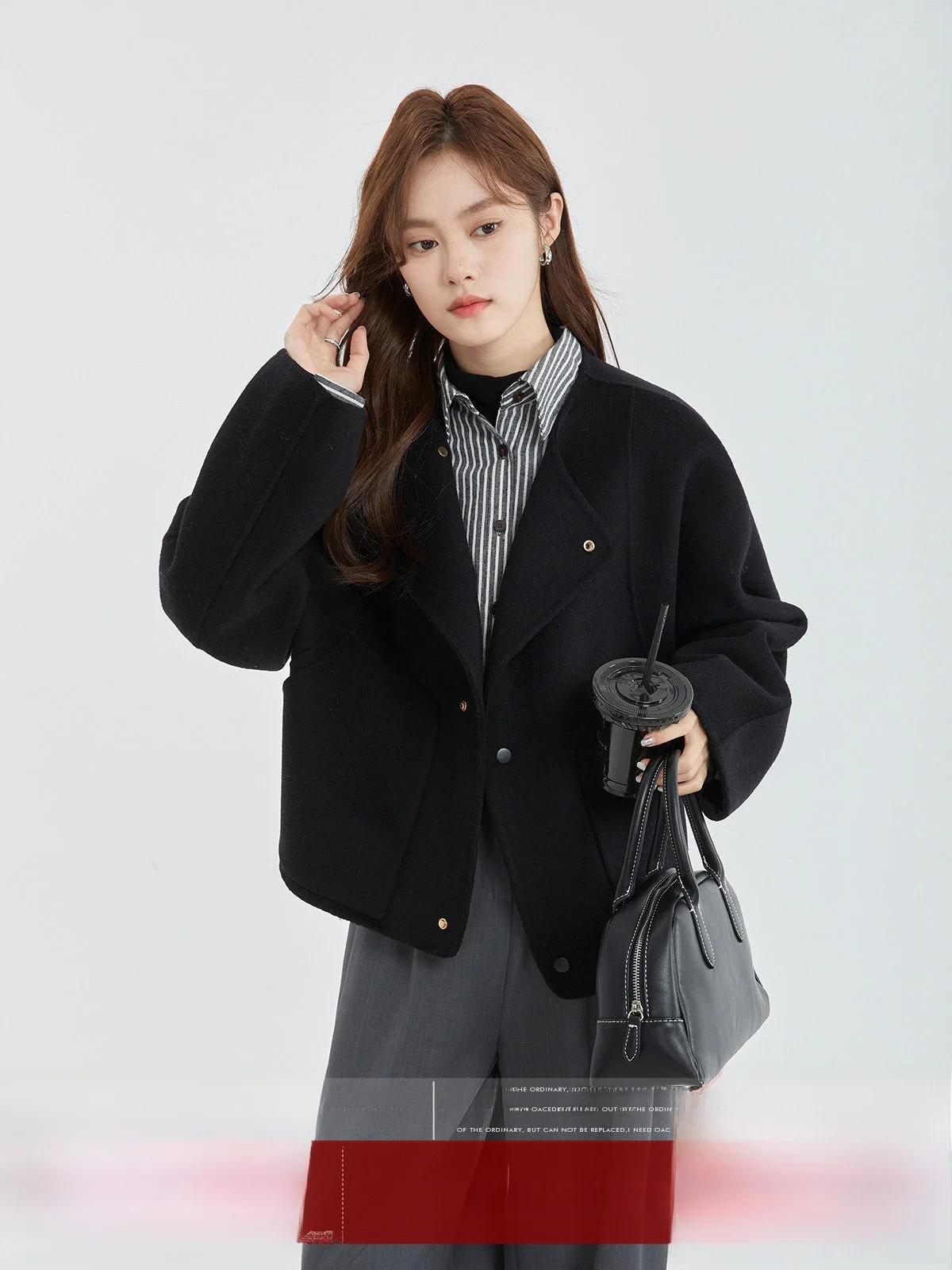 

MoZaic Premium Bla Woolen Coat Women's Double-Faced Camere ort Size Autumn Winter New Sle Commute round Ne Button-Up