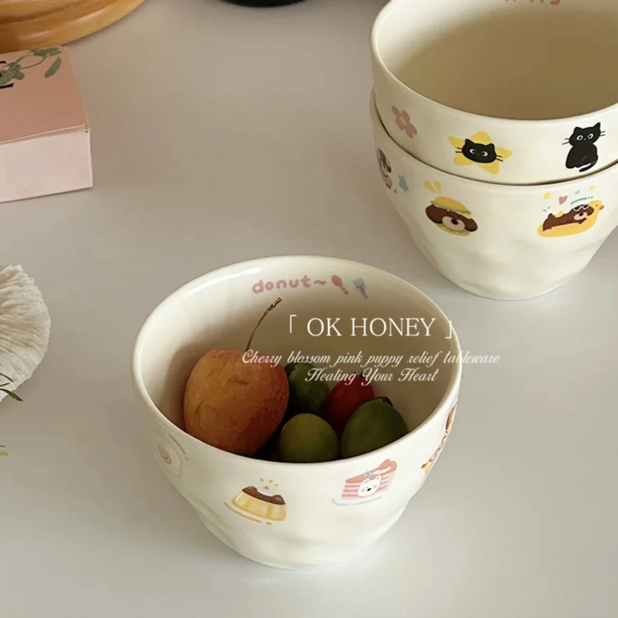 

Japanese cartoon ceramic bowl Yogurt bowl Breakfast bowl cereal rice bowl matte drinking soup household tableware