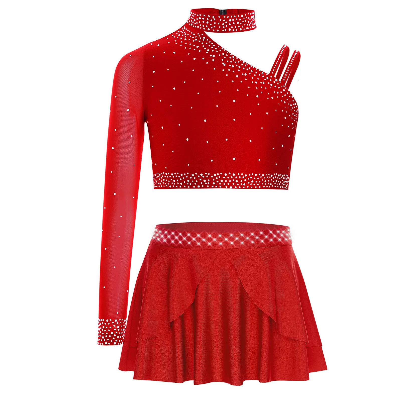 

Kids Girls Gymnastics Ballet Dance Outfit Sheer Mesh Glittery Rhinestones Crop Top+Skirt Set for Jazz Latin Dance Performance