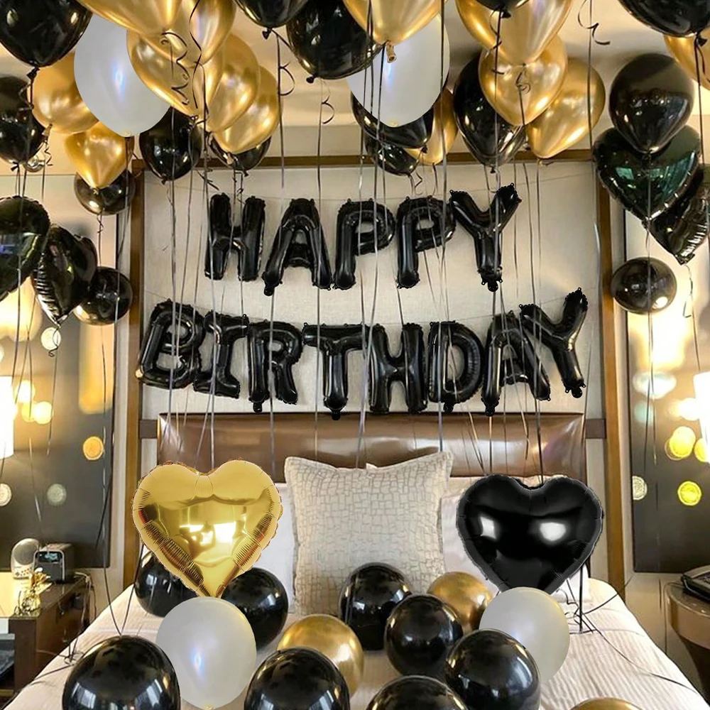 Juego de globos negros y dorados, corazón de látex dorado blanco y negro, letra de feliz cumpleaños para decoración de fiesta de cumpleaños, aniversario