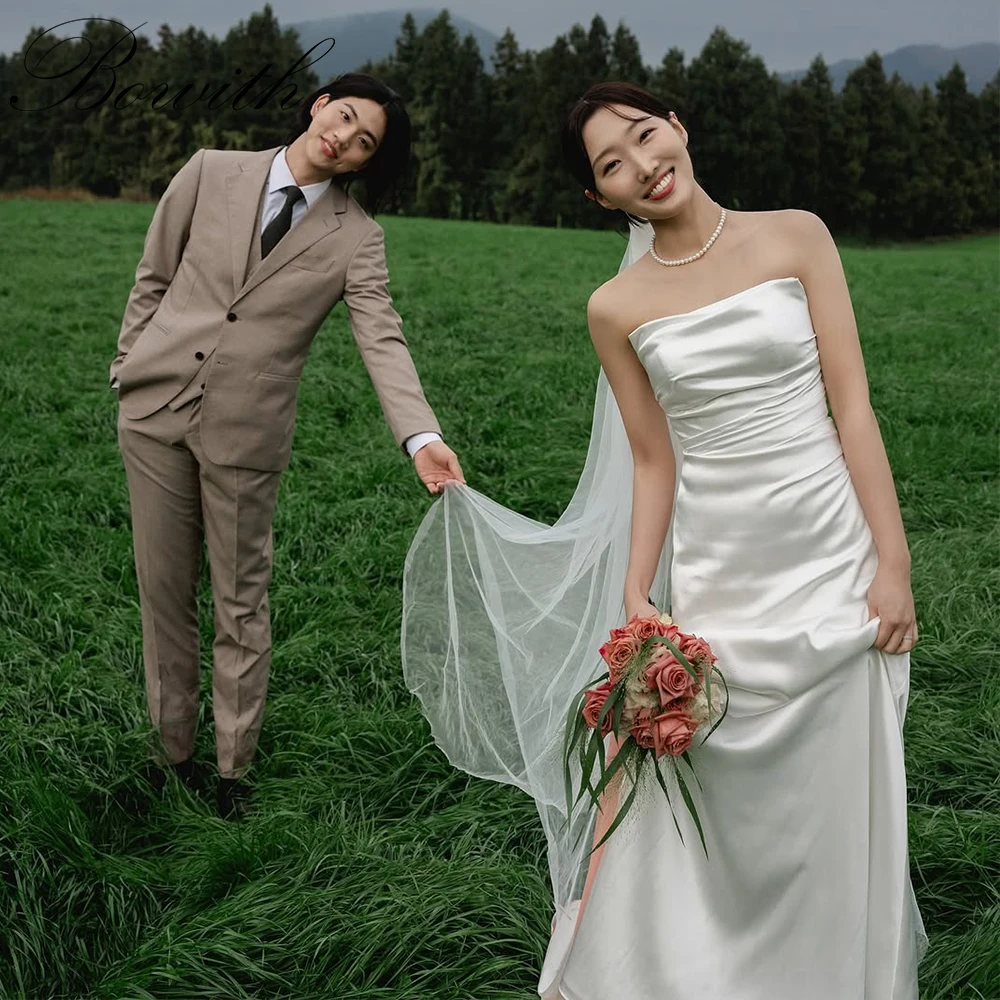 

Bowith Simple Satin Korean Wedding Dresses A-Line Sleeveless Bridal Gown Customized Elegant Strapless Wedding Reception Dresses
