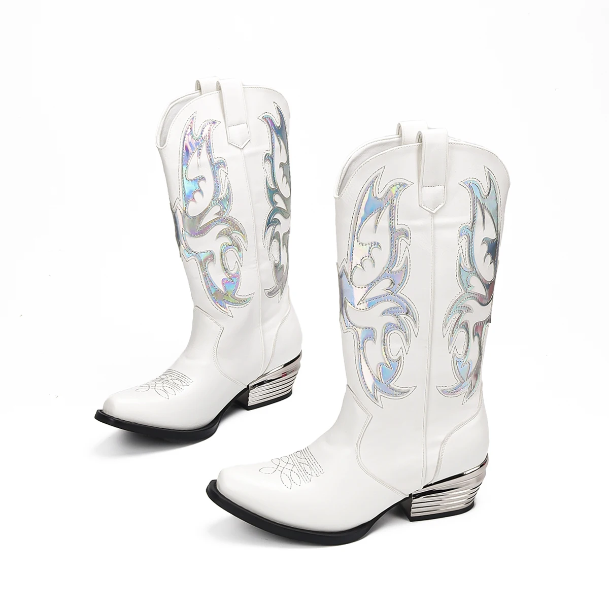 Heren en dames Middeleeuwse retro cowboy geborduurde lovertjeslaarzen Dikke hak Mid-tube laarzen Halloween Party Cosplay Ridderlaars