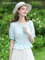 I BELIEVE YOU Blue French Shirt & Blouse for Women 2024 Summer New Basics Retro Gentle Small Fresh Solid Shirt Female 2242055709