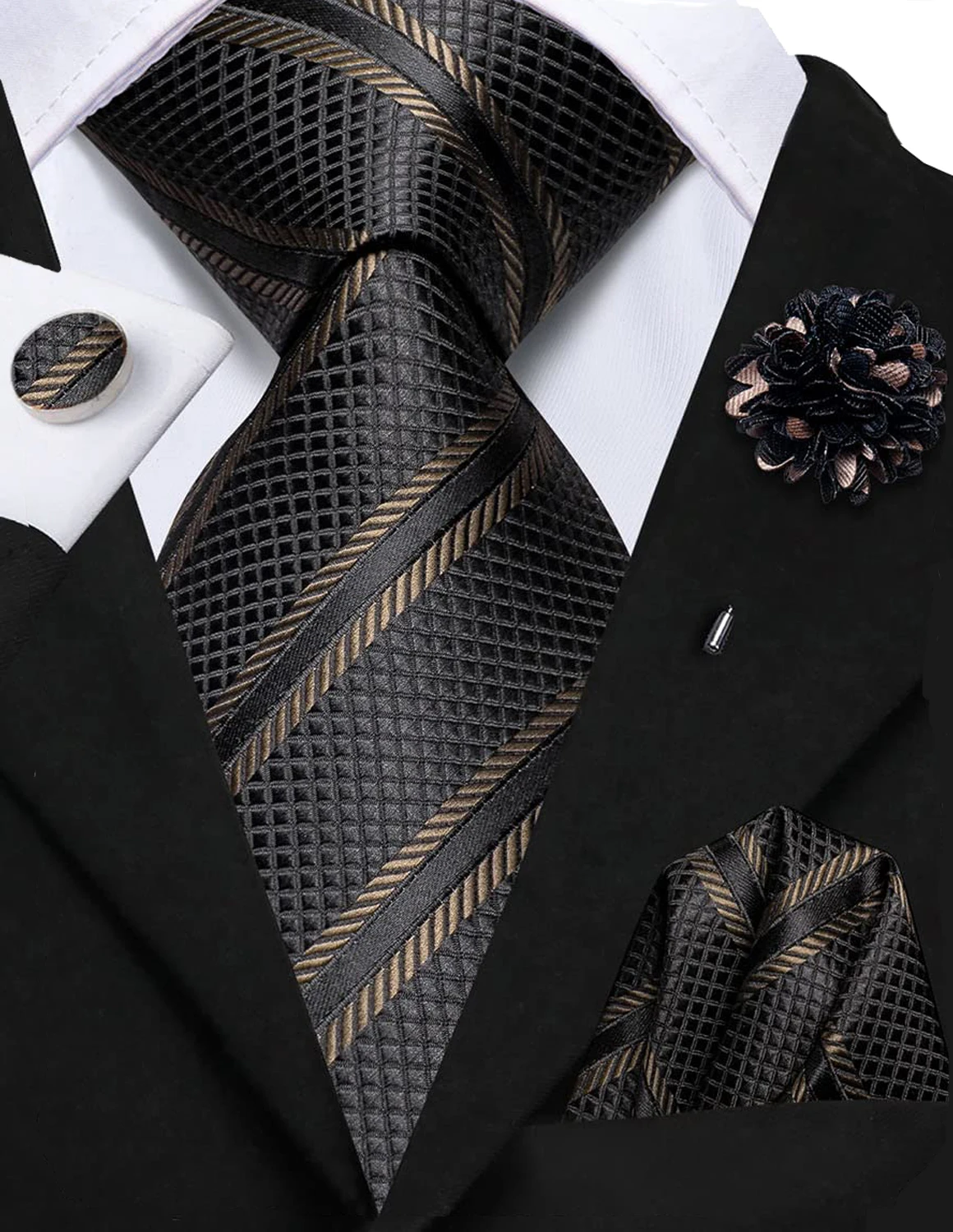 2023 Luxury Striped Black 8.5cm Business Ties For Men Silk Jacquard Woven Mens Necktie Brooch Cufflink Hanky Set Hi-Tie Designer