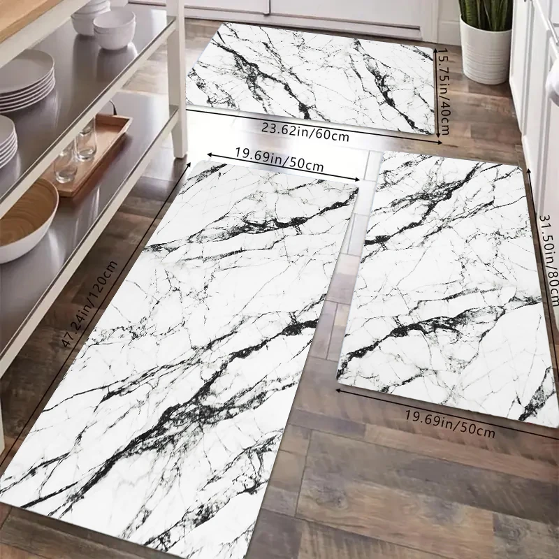 

White Marble Pattern Kitchen Carpet Flannel Material Washable Suitable for Restaurant Bedroom Non-Slip Floor Rug