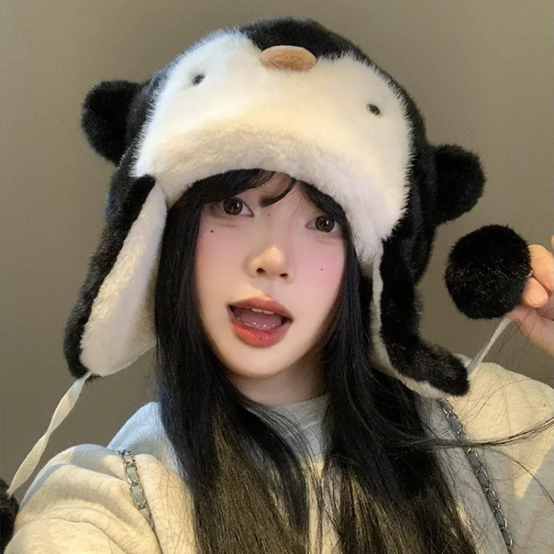 Topi Hangat Musim Dingin Lucu Kartun Hewan Penguin Topi Hangat Berbulu Tebal Pelindung Telinga Aktivitas Luar Ruangan Topi Kasual
