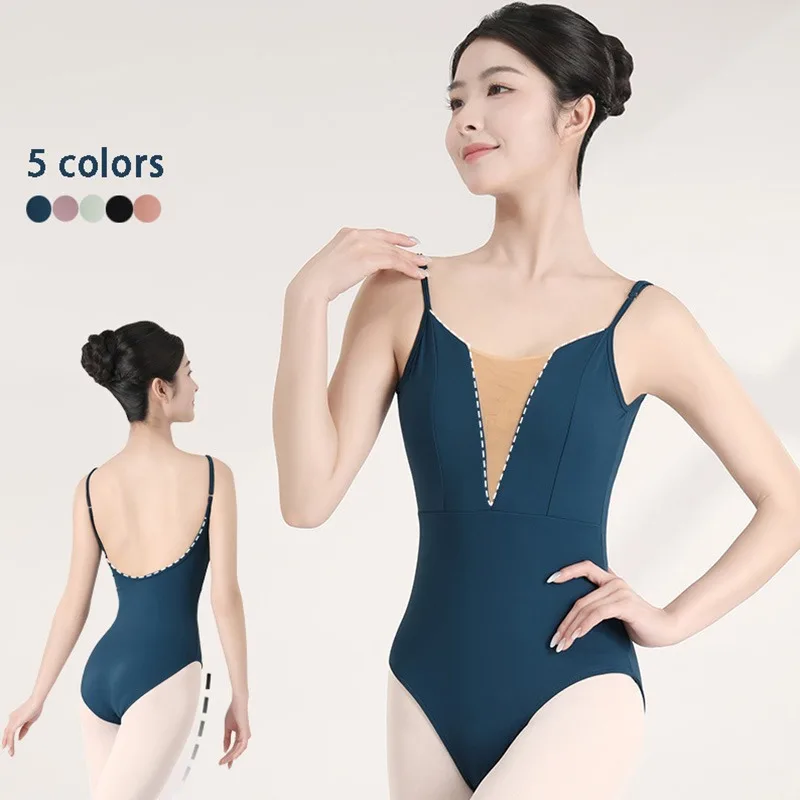 Women Ballet Dance Leotard Adjustable Suspenders Gymnastics Bodysuit Deep V-neck Training Clothes Female Backless Dance Wear