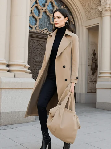 Women's Warm Woolen Overcoat for Autumn Winter Double-Breasted Wool Blends with Belt Windproof Street Fashion Female Wear