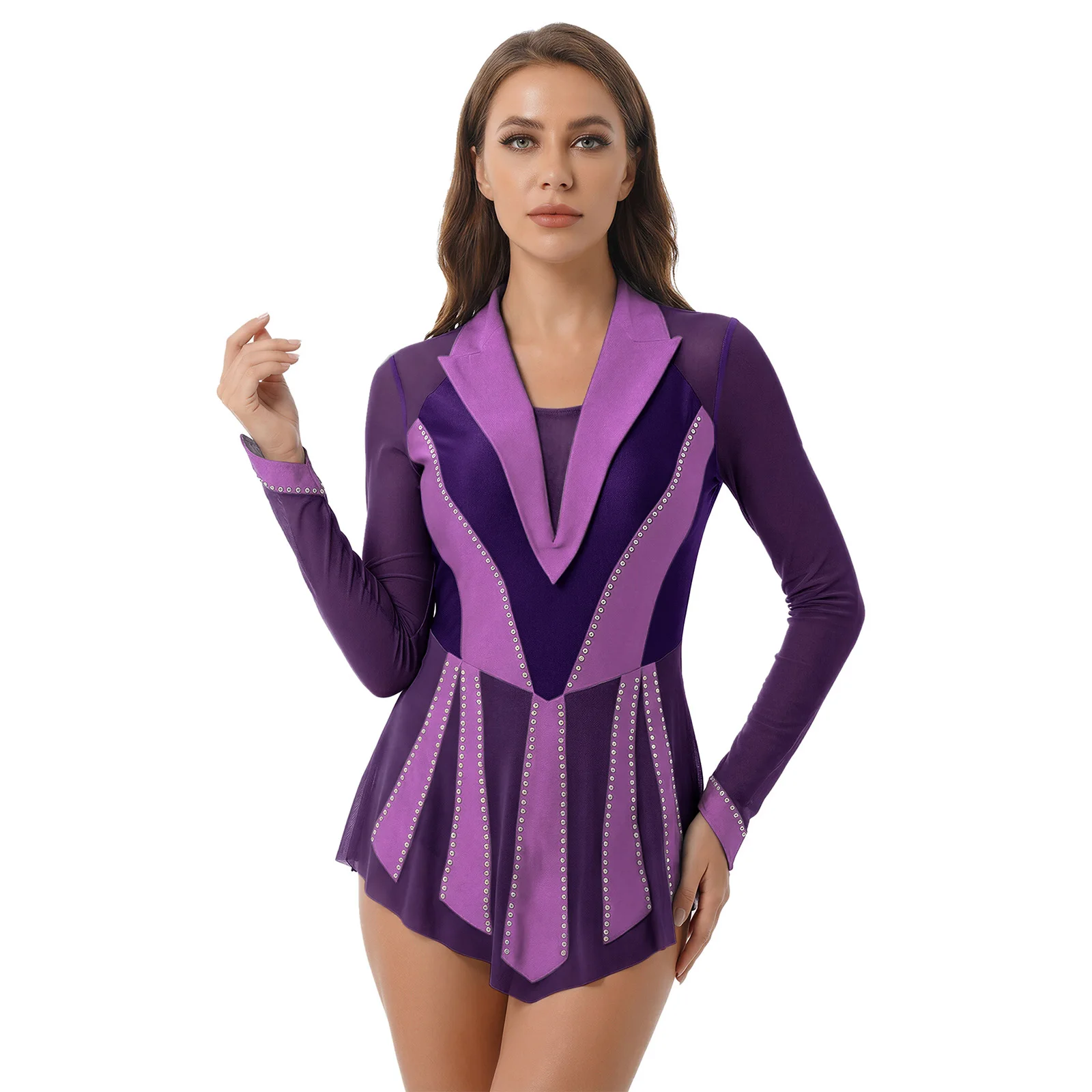 

Women Figure Skating Modern Waltz Dance Dress Bodysuit Glittery Rhinestone Lyrical Sheer Mesh Ruffled Ballet Ballroom Dance Wear