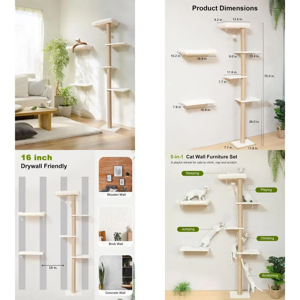 

Компактный настенный набор мебели для кошек с лежанкой и стойкой для когтей, бежевый