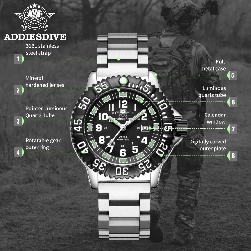 ADDIES Top Brand New Dive Sports Luminous Men\'s Watch Luxury High Quality Quartz Clock Waterproof Date Men\'s Military Watch Hot