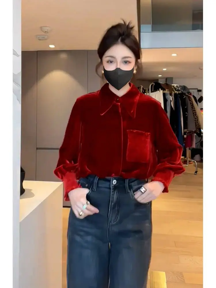 French and Western Style Unique and Exquisite Small Top Super Beautiful Red Velvet Shirt for Women in Autumn and Winter