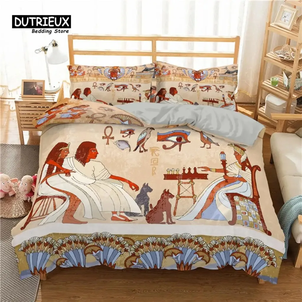 

Egyptian Bedding Set Exotic Tribal Retro Theme Ancient Egypt Civilization Characters Duvet Cover Boho Animals Floral Pillowcases