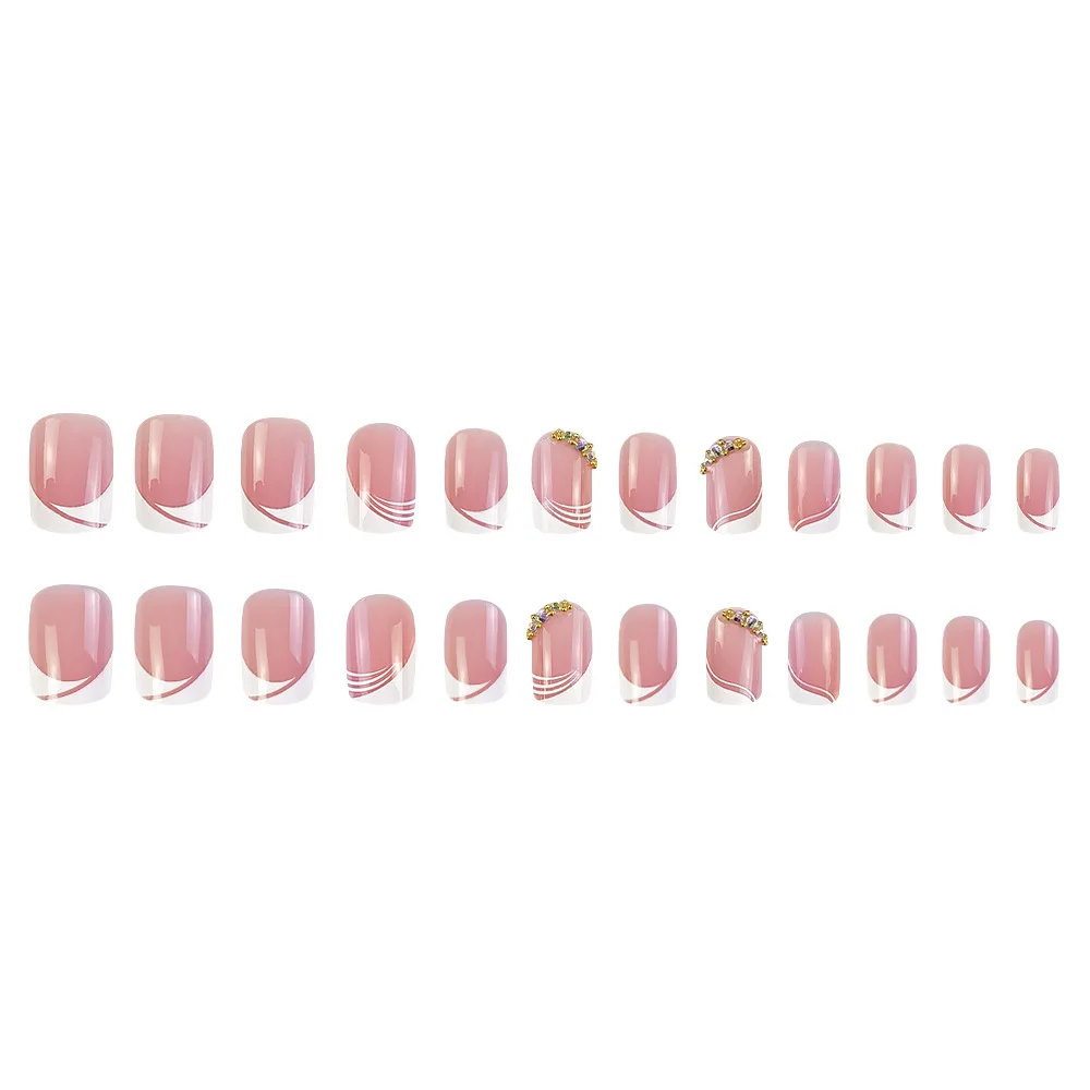 24 unids/set de uñas postizas usables, gradiente rosa, brillo, mariposa, diamantes de imitación, uñas postizas, cobertura completa, puntas de uñas acrílicas