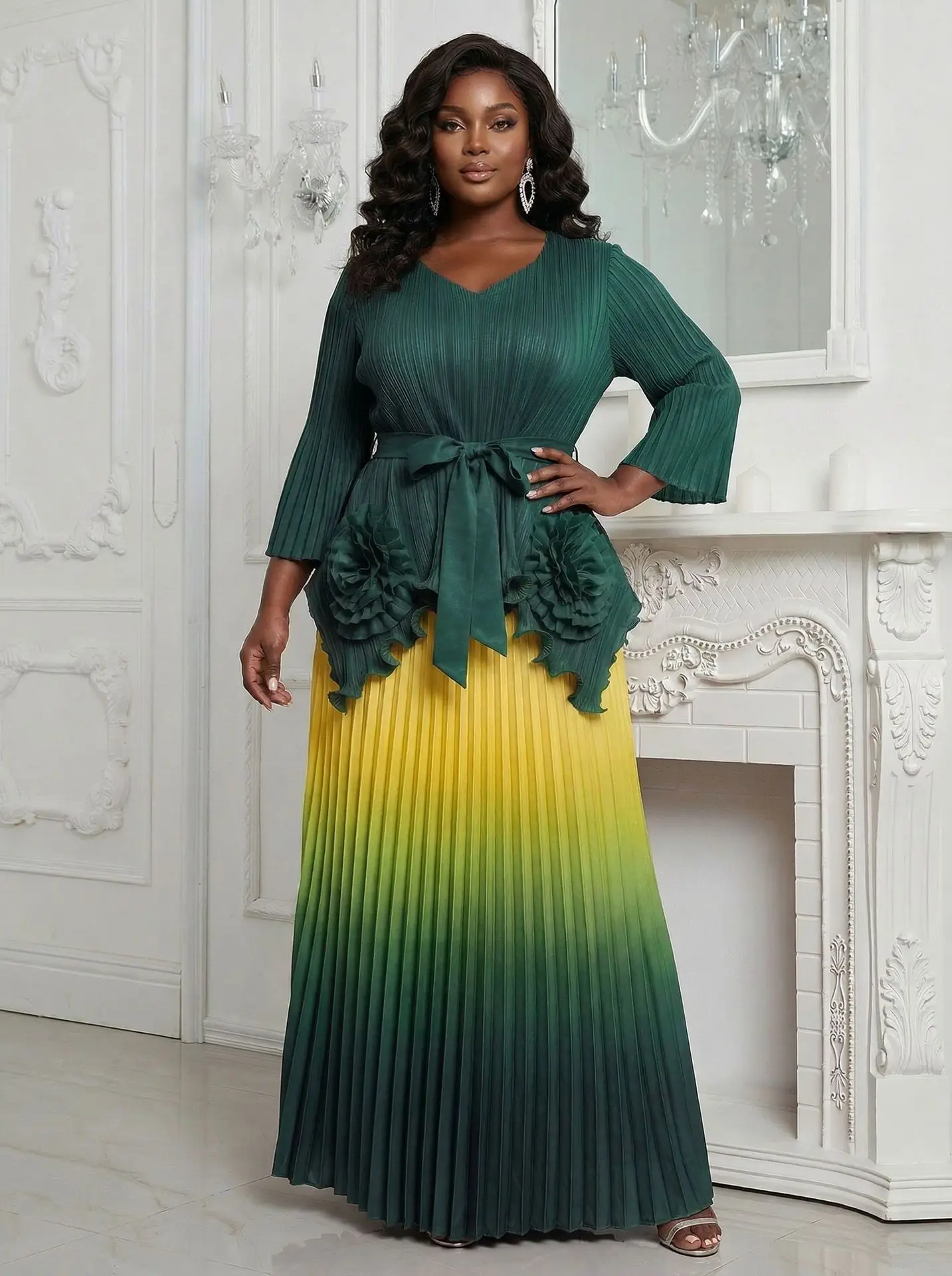 Miyake Pleated African Loose Suit Fashion Irregular Top Gradual Change Color Skirt Two-piece Sets Women's Clothing
