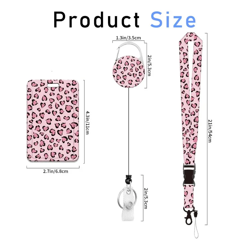 Pink Leopard Print Retractable Keychain Anti-Lost ID Card Badge Holder Zinc Alloy Clip Polyester Lanyard with Easy-Pull Buckle