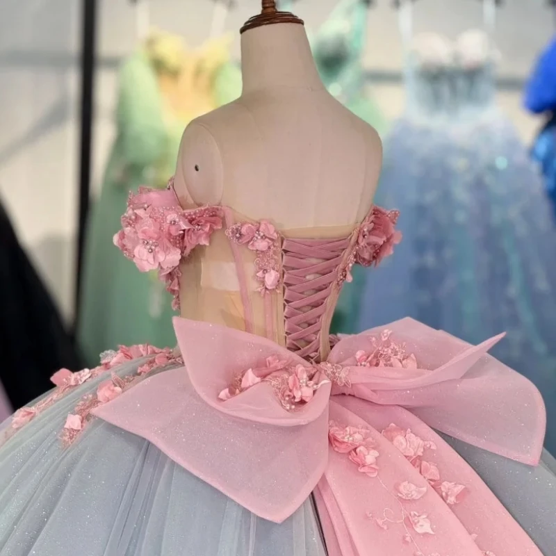

Роскошное розовое небесно-голубое платье Quinceanera, бальное платье с короткими рукавами и 3D цветочным бантом, свадебная вечеринка, выпускной вечер, 15, 16, девушка по индивидуальному заказу