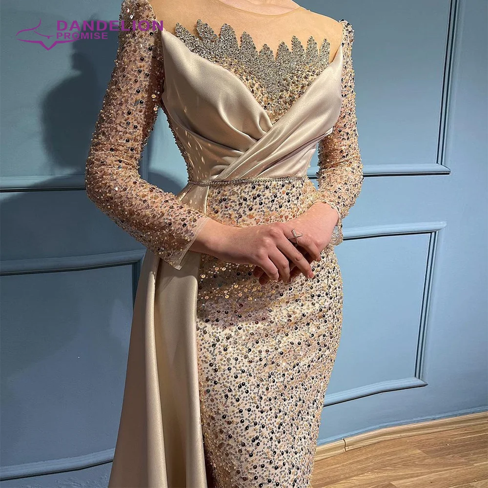 Elegant Muslim Evening Night Dress 2022 For Women Long Sleeves O-Neck Bead Mermaid Formal Prom Wedding Party Gown