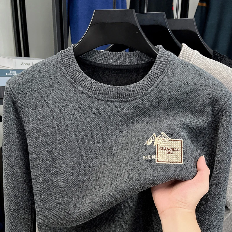

Designer Original Men's Fleece-Lined Thickened Knit Sweater Round Neck Long Sleeve Soft Warm Anti Pilling Casual Business Men's